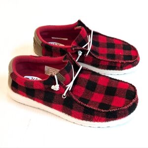 Hey Dude Shoes Hey Dude Wally Buffalo Plaid Red Slipon Loafers